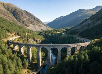 Majestic stone viaduct with multiple arches gracefully curves through a picturesque mountain valley, surrounded by lush green pine forests and a winding river below.