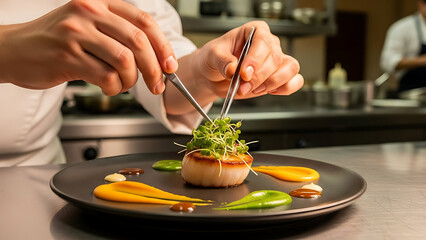Wide angle shot of a professional chef preparing a gourmet meal in a kitchen