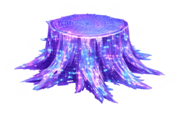 Magic tree stump glowing with purple fantasy light and sparkling bioluminescence, mysterious forest element on transparent background