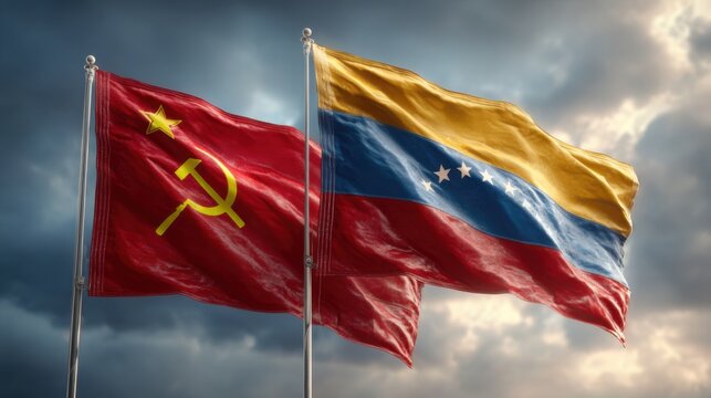 Flags of Soviet Union and Venezuela waving against a cloudy sky in a political context