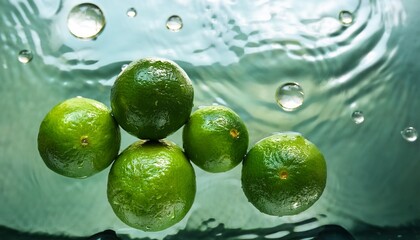 fresh vibrant green limes floating in clear water with droplets glistening on their textured skin creating a refreshing and invigorating scene
