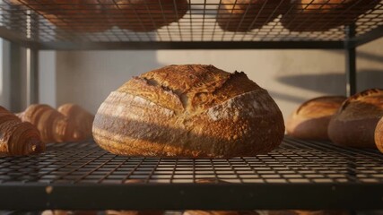 Freshly baked artisanal sourdough bread and croissants cool on wire bakery racks. Golden crusts and warm steam create an inviting atmosphere for food advertising