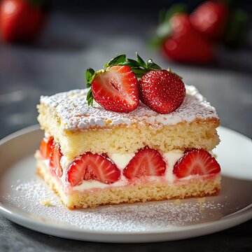 Fraisier cake on white plate. French dessert on strawberries background.