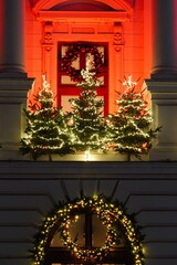 Balcony of Coltea Hospital historical building decorated for Christmas, in center of Bucharest, Romania 