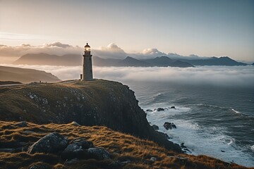 Tall stone lighthouse stands proudly on a rugged cliff overlooking a vast ocean with crashing waves, surrounded by misty mountains and a dramatic sky at sunrise.