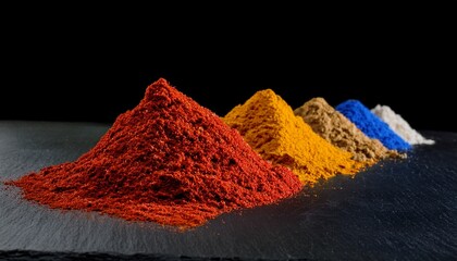 vibrant mounds of red orange yellow blue purple brown spices arrayed on dark slate against a black backdrop