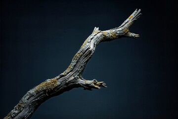 Fototapeta premium Dead gnarled tree branch covered in lichen showcasing its intricate texture and natural decay with vibrant moss and fungi, illuminated by soft light.