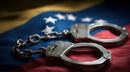 Handcuffs on Venezuelan flag during a demonstration on political unrest and law enforcement issues in Venezuela in 2023