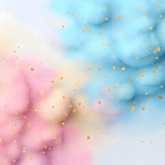Yellow pink blue clouds steam bubbles and confetti layering across textured sky-toned canvas, providing generous copy space for graphic design and creative composition