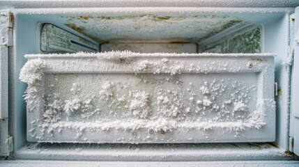 Frozen surface inside an old freezer showing ice buildup and frost conditions during winter