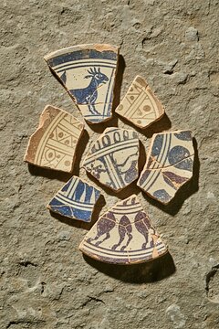 Ancient ceramic pottery shards displaying intricate patterns and animal motifs, carefully arranged, revealing fragments of historical artistry and archaeological discovery.