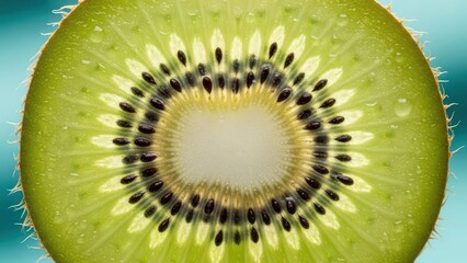Close up of a kiwi slice highlighting its vibrant textures and internal structure