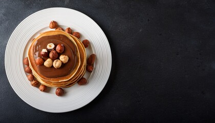 pancakes with chocolate paste and hazelnuts on a white plate on a background of concrete slate with copy space for your text