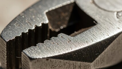 Close up of a metal pliers head showing serrated jaws and texture