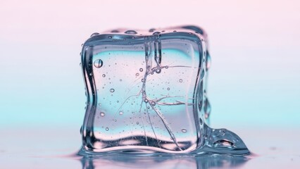 Close up of a melting ice cube clear and transparent with bubbles droplets and cracks against a gradient background