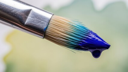 Close up of a paintbrush with vibrant blue paint and a single drop