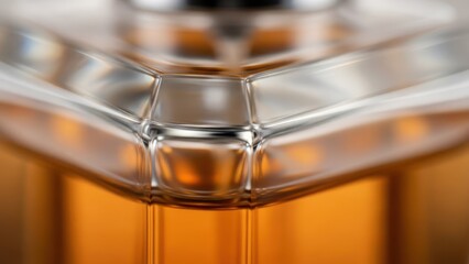 Close up of a perfume bottle with amber liquid and transparent glass