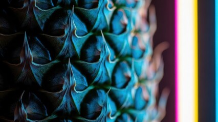 Close up of a pineapple with a focus on textured skin and vivid teal hues
