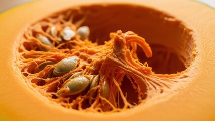 Close up of a pumpkins interior seeds and fibrous texture autumn harvest concept