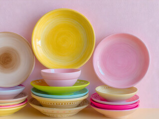Collection of empty, colorful ceramic bowls and plates stacked on a pink background, creating a vibrant still life perfect for kitchen or dining decor