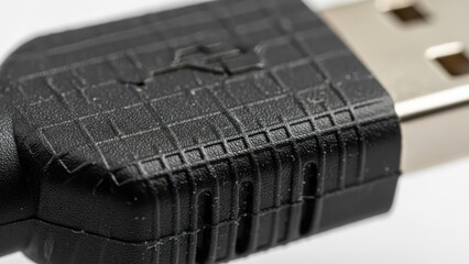 Close up of a usb connector and cable with textured details isolated on white