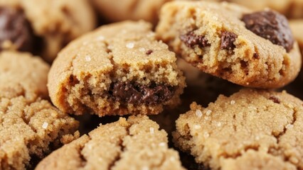 Close up of chocolate chip cookies with detailed textures and sweet appeal