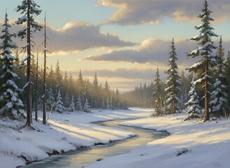 Winter landscape stream through snowy forest at sunrise, with golden light reflecting on the water and illuminating the snow-covered trees under a cloudy sky.