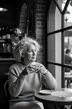 Elegant senior woman with curly grey hair sits thoughtfully by a cafe window, holding a warm cup and gazing outside in a timeless black and white scene.