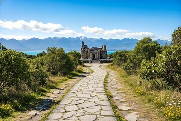 Ancient ruined stone building stands majestically at the end of a winding path, overlooking a vast lake and snow-capped mountains under a bright blue sky.