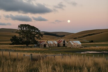 Old stone farm buildings stand under a full moon, illuminating the rustic landscape of rolling hills and dry golden fields at dusk.