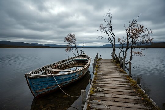 Old wooden boat rests peacefully by a rustic dock on a calm lake under a dramatic cloudy sky, reflecting the serene autumn landscape.