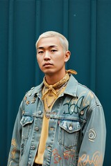 Young Asian man with bleached blonde hair and a stylish denim jacket looks directly at the camera, showcasing his unique urban fashion sense.