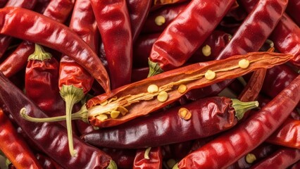 Close up of red chili peppers with one cut open