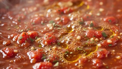 Close up of simmering tomato sauce with herbs and oil