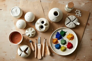 Pottery crafting materials and tools arranged for artistic creation, showcasing the process of shaping and coloring handmade clay objects.