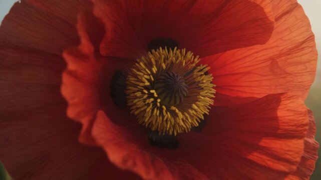 Vibrant red poppy flower in a detailed close-up. Delicate petals and intricate yellow stamen are illuminated by soft natural light. Perfect for themes of natural beauty and spring