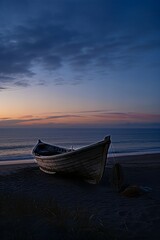 Old wooden boat rests peacefully on the sandy beach at twilight, with the calm ocean and a colorful sky creating a serene coastal landscape.