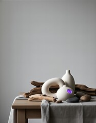 Three minimalist white ceramic vases and natural driftwood pieces are elegantly arranged with smooth stones on a textured grey tablecloth.
