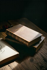 Old books stacked on a rustic wooden table are illuminated by a dramatic light, evoking a sense of history, knowledge, and vintage charm.