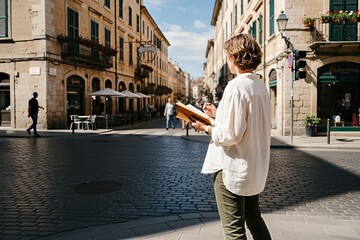 Person sketching in an old European street, capturing the charming architecture and vibrant atmosphere of the bustling city on a sunny day.