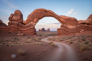 Majestic natural rock arch spans desert landscape, framing a winding dirt road that leads towards distant geological formations under a clear blue sky.