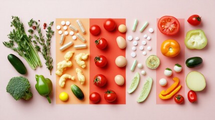 a colorful arrangement showcasing the vibrant contrast between natural whole foods and synthetic supplements for health choices