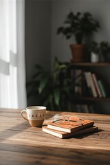Mug, books, and glasses rest peacefully on a wooden table bathed in warm morning sunlight, creating a serene and inviting atmosphere for reading and contemplation.