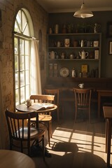 Cozy cafe interior bathed in warm morning sunlight, featuring a charming wooden table with an open book, reading glasses, and a ceramic mug, inviting a peaceful moment.