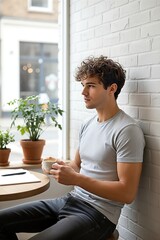 Young man with curly hair sits thoughtfully by a large window, enjoying a warm cup of coffee and contemplating in a cozy cafe setting.