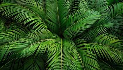 a dense pattern of vibrant green palm fronds creating a lush organic and beautiful natural tropical backdrop texture perfect for design vacation green plant
