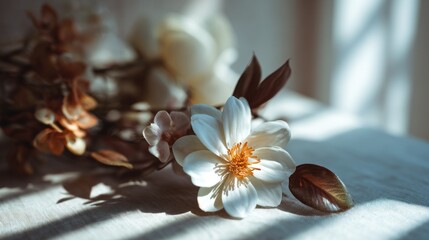Close-up of elegant white flower with yellow center resting on fabric near a window with soft