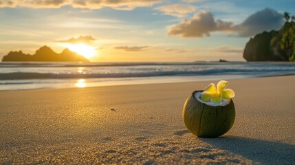 idyllic beach scene at twilight featuring a refreshing coconut drink garnished with a vibrant flower resting on the sandy shore