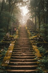 Ancient stone staircase leads through a mysterious, misty forest, flanked by moss-covered ruins and illuminated by glowing red lanterns, creating an enchanting path.