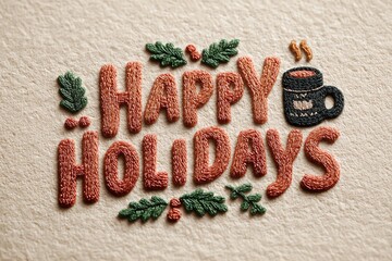 hand-embroidered &ldquo;happy holidays&rdquo; greeting with red stitching, festive green foliage, and a steaming mug on soft fabric